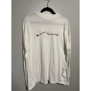 Vintage White Embroidered Christmas T-Shirt Desert Heat USA Made Sleigh Reindeer